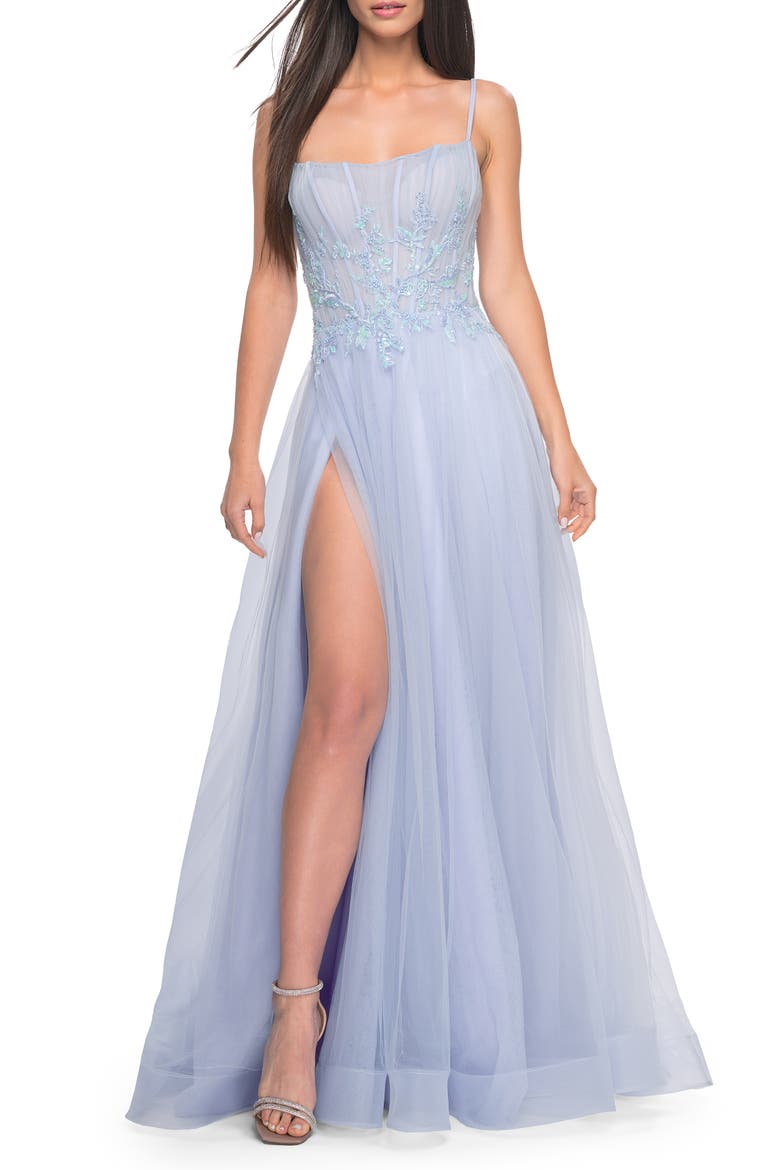 Tulle A-line Dress with Beaded Lace Waist and Square Neckline, Main, color, Light Periwinkle