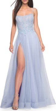 La Femme Tulle A-line Dress with Beaded Lace Waist and Square Neckline