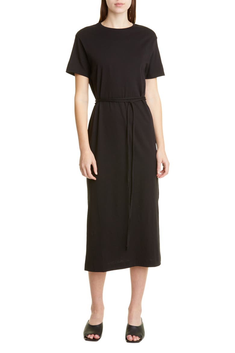 Belted Pima Cotton Midi Dress, Main, color, BLACK