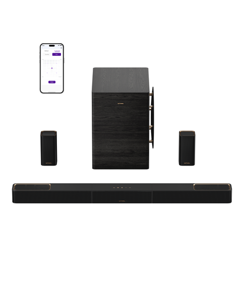 skywave series 7.1.4ch Dolby Atmos wireless surround sound system with 10" subwoofer and 2 surround speakers