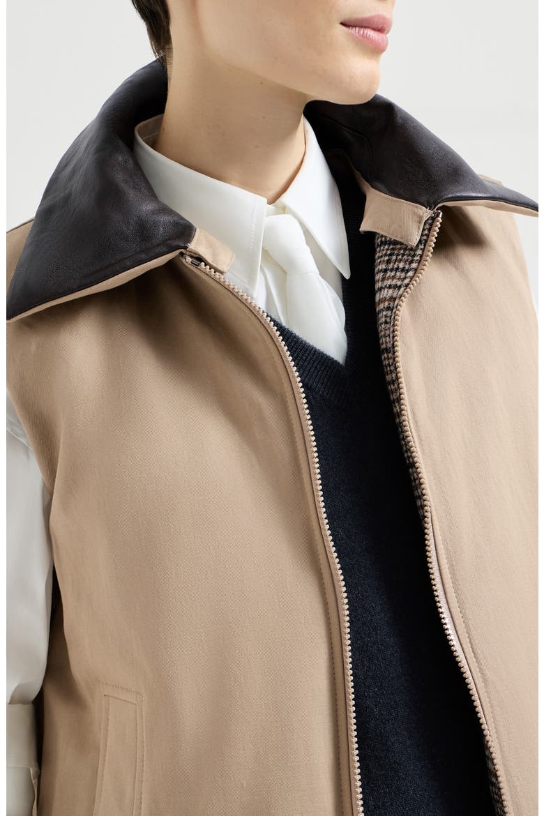 Twill and Prince of Wales reversible down vest with detchable leather collar and monili, Alternate, color, Camel