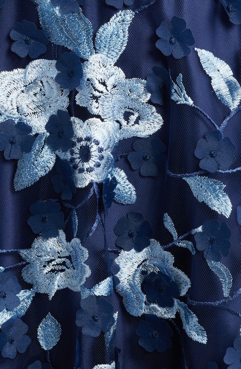Eliza J Floral Embroidered Appliquè Illusion Yoke Fit & Flare Cocktail Dress, Alternate, color, Navy