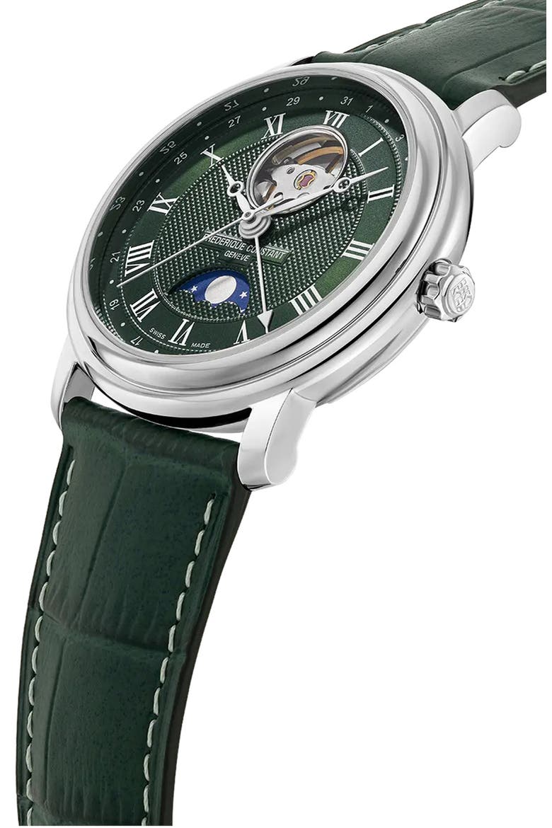 Heartbeat Moonphase Automatic Leather Strap Watch, 40mm, Alternate, color, GREEN