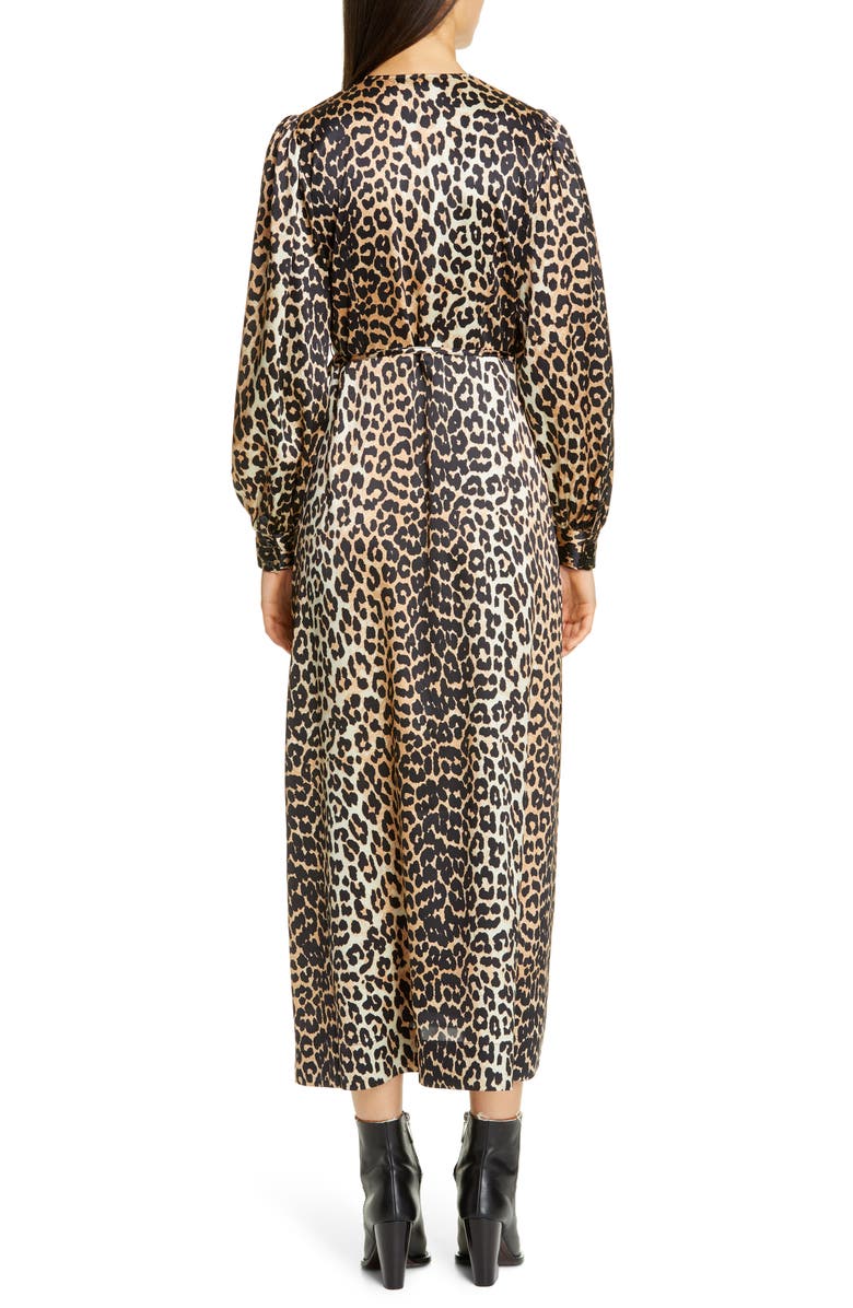 Ganni Leopard Print Long Sleeve Silk Satin Midi Wrap Dress, Alternate, color, 