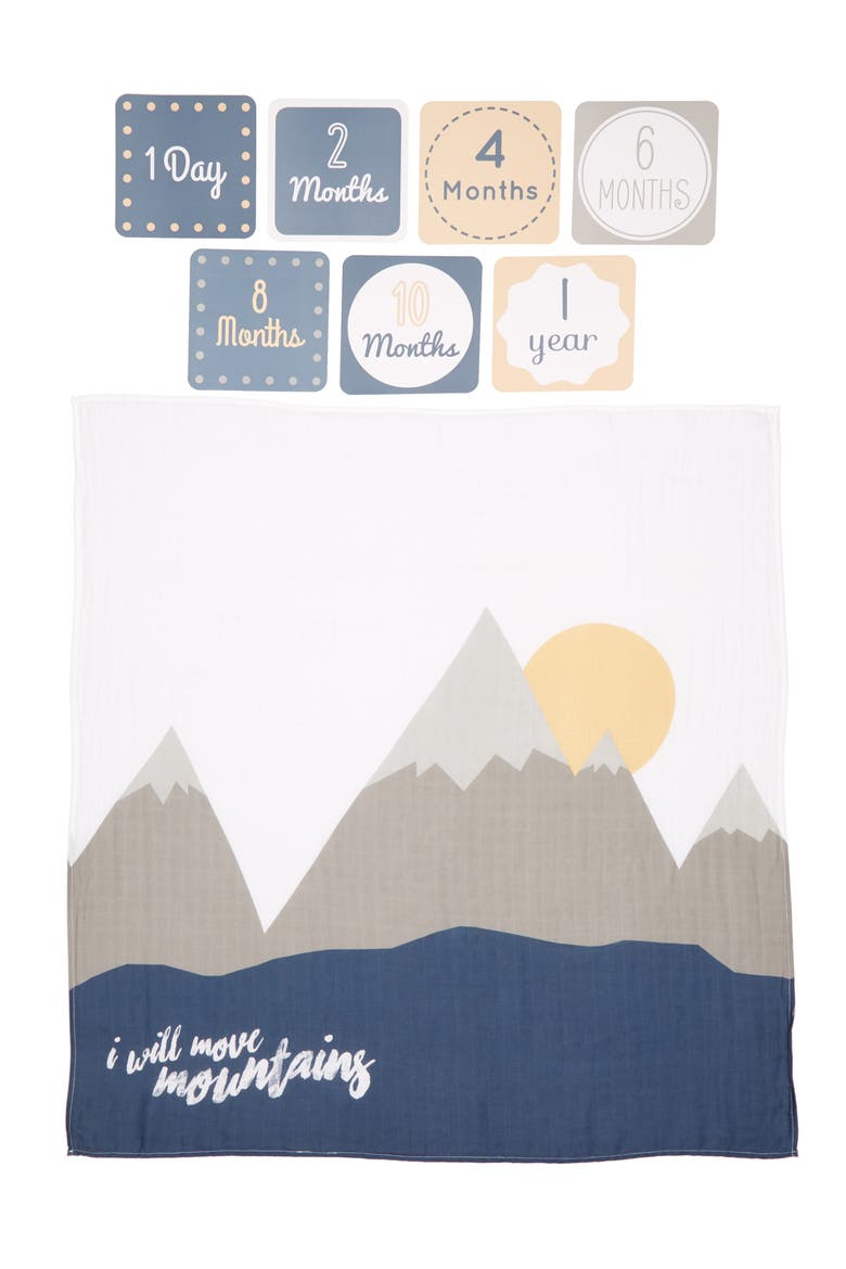 Baby's First Year - I Will Move Mountains Muslin Blanket & Milestone Card Set, Main, color, BLUE