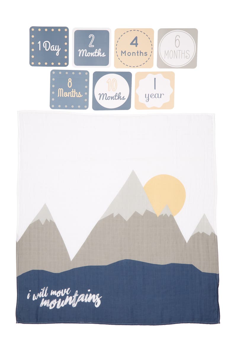 Lulujo Baby's First Year - I Will Move Mountains Muslin Blanket & Milestone Card Set, Main, color,