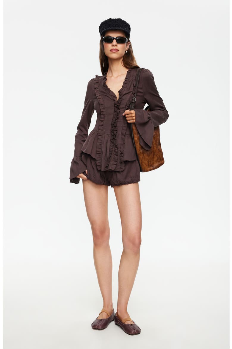 Odette Ruffle Bell Sleeve Tie Back Linen Blend Top, Alternate, color, BROWN