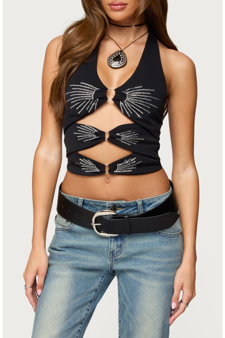 Lettie Rhinestone Embellished Cutout Halter Top, Main, color, BLACK