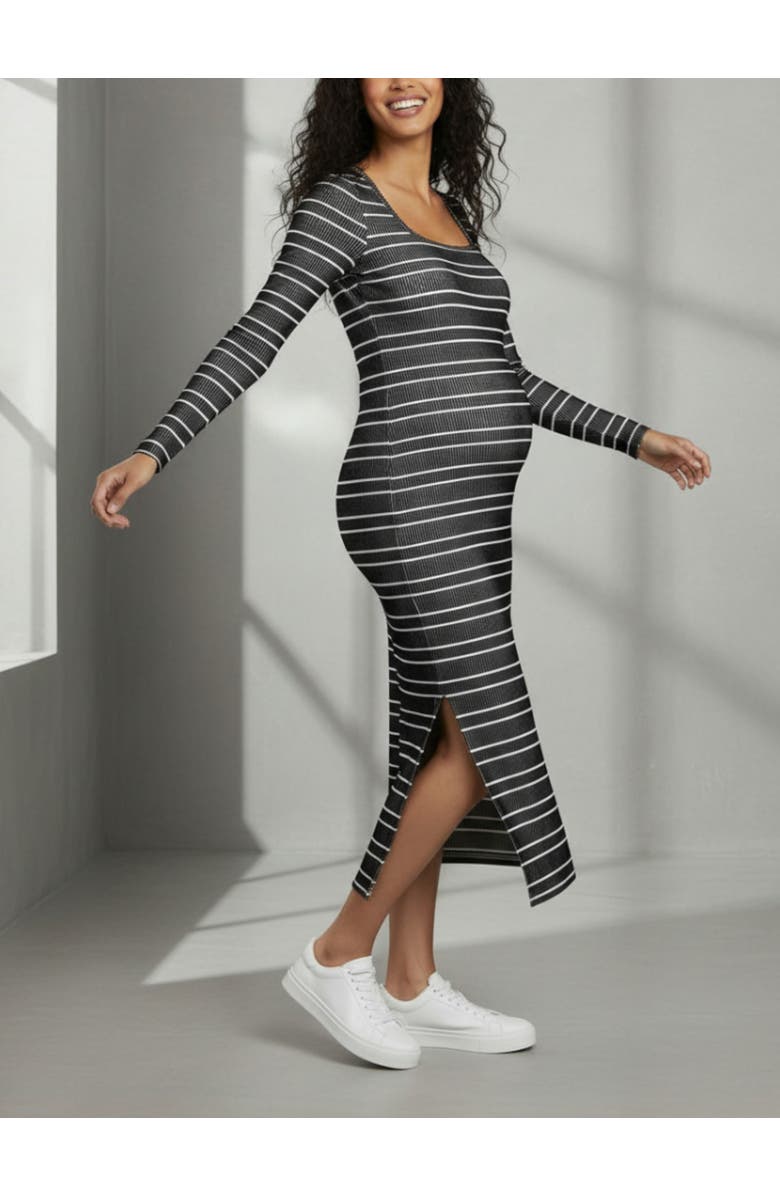 MOTHERHOOD MATERNITY Square Neck Rib Knit Long Sleeve Bodycon Maxi Dress, Alternate, color, Black & White Stripes