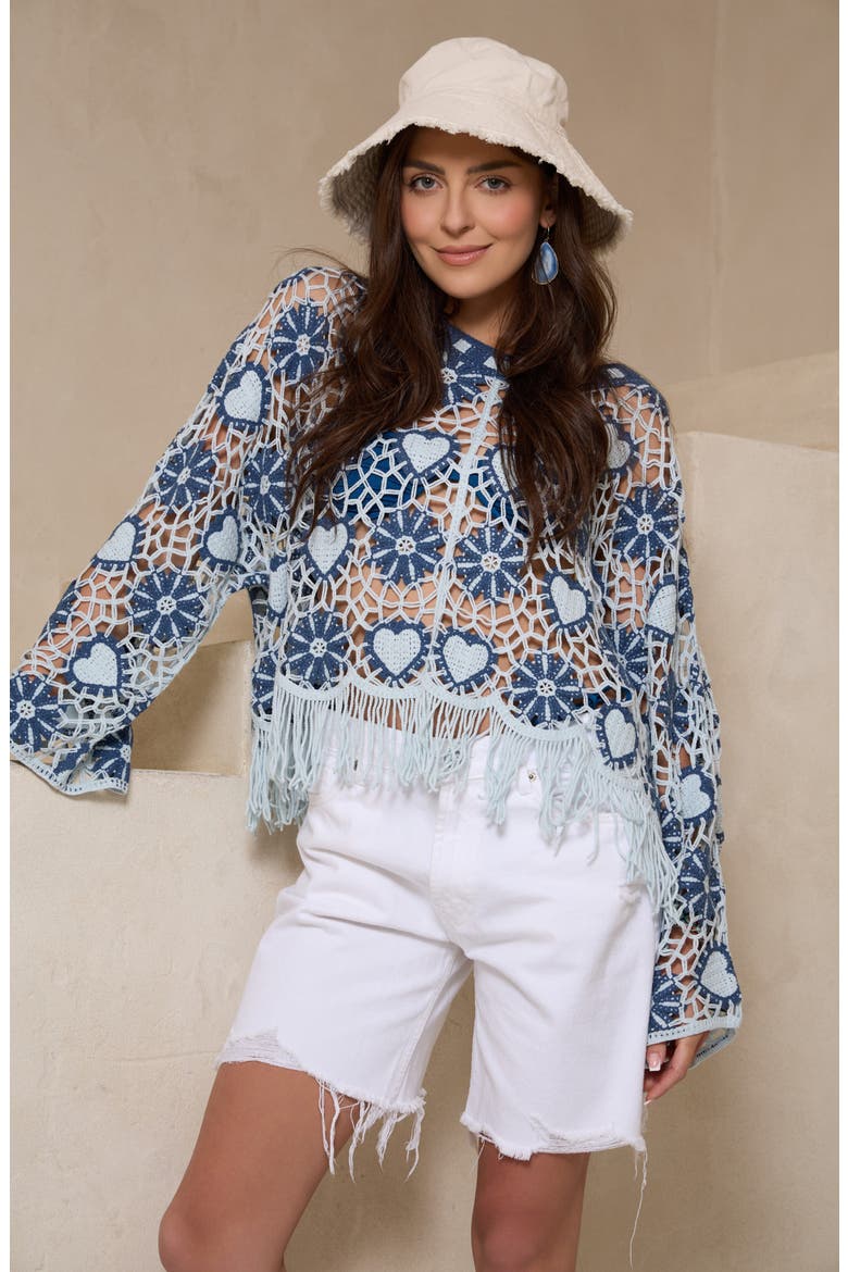 Heart Fringe Trim Crochet Poncho, Alternate, color, BLUE