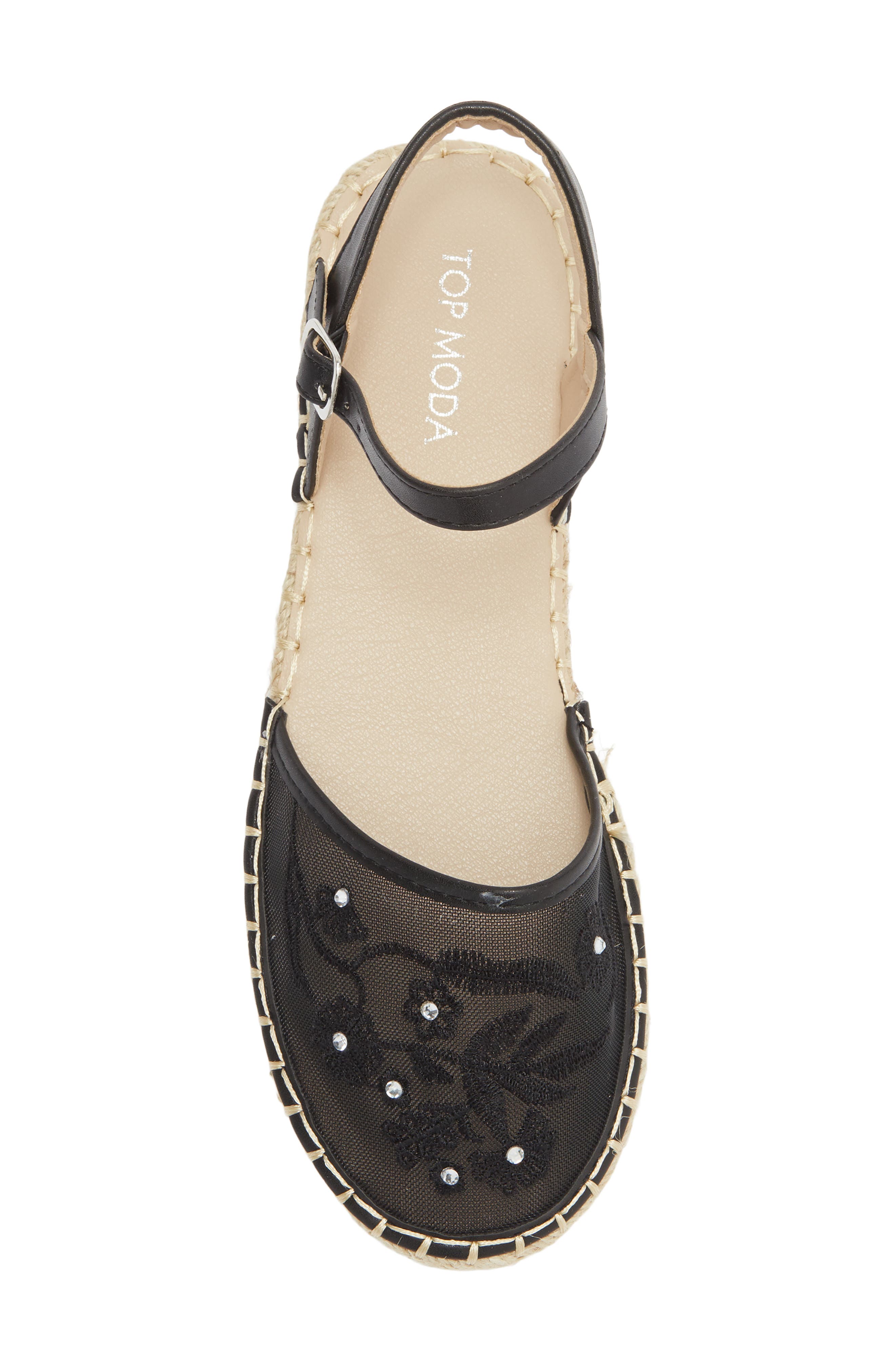 TOP MODA Chrom Floral Embroidered Ankle Strap Flat, Alternate, color, Black Pu