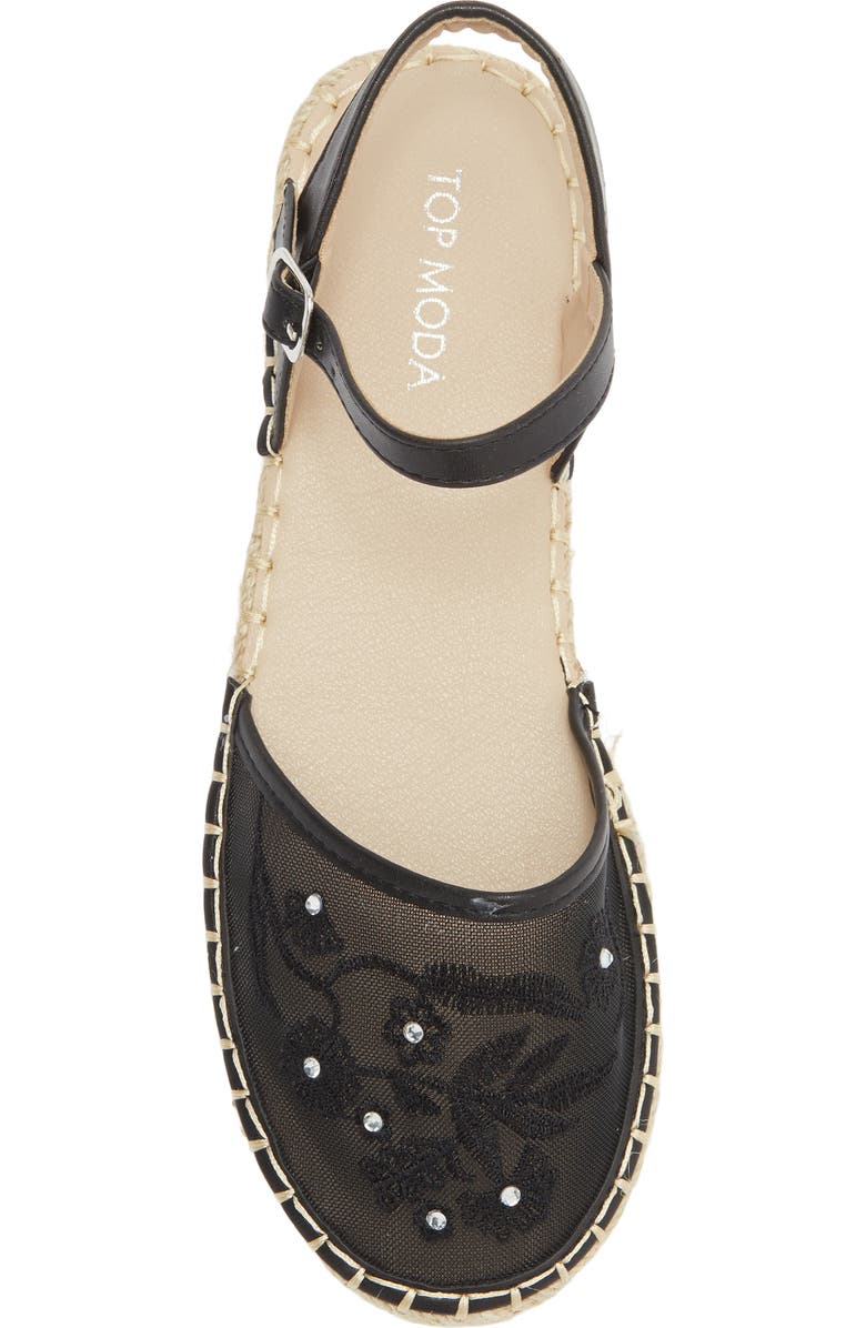 TOP MODA Chrom Floral Embroidered Ankle Strap Flat, Alternate, color, Black Pu