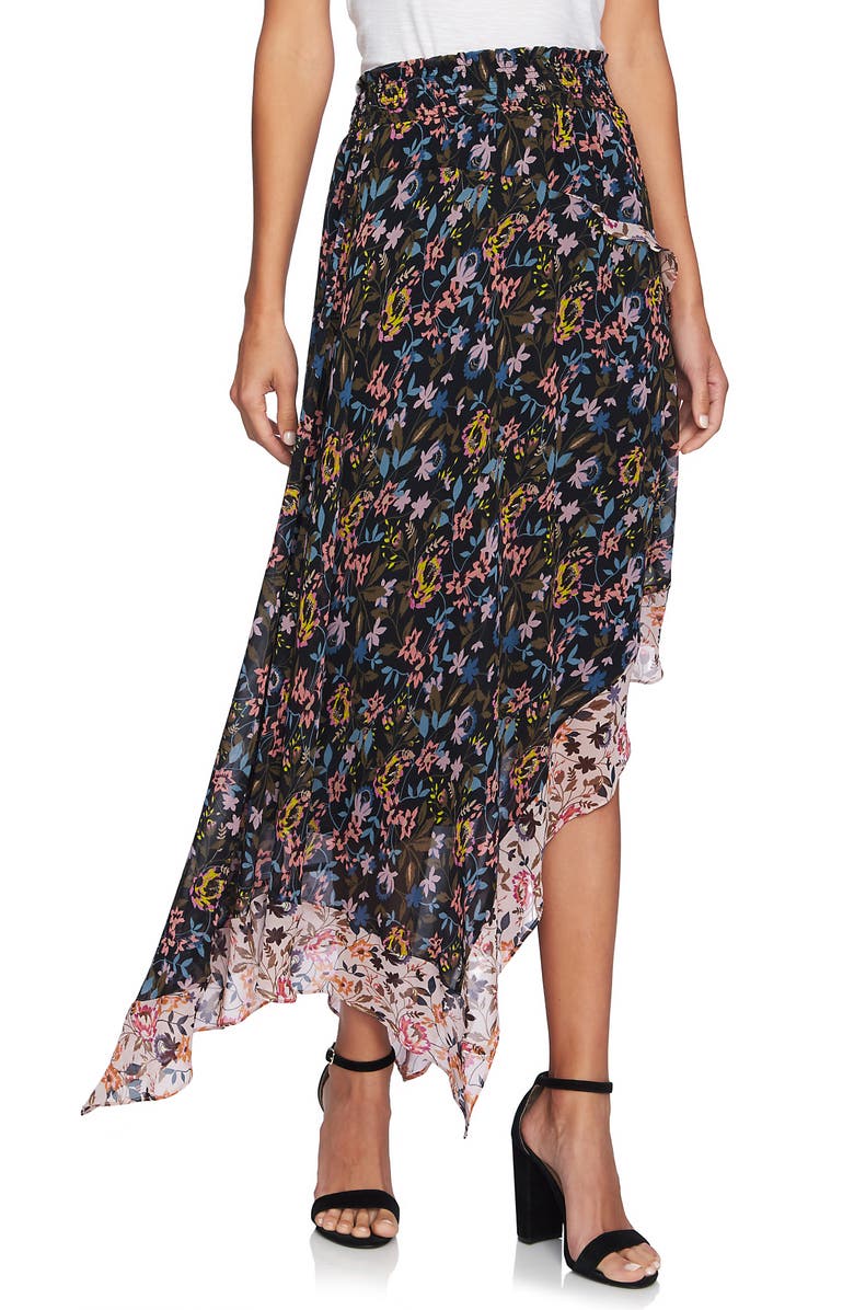CeCe Demure Flora Asymmetrical Tiered Ruffle Skirt, Main, color, 
