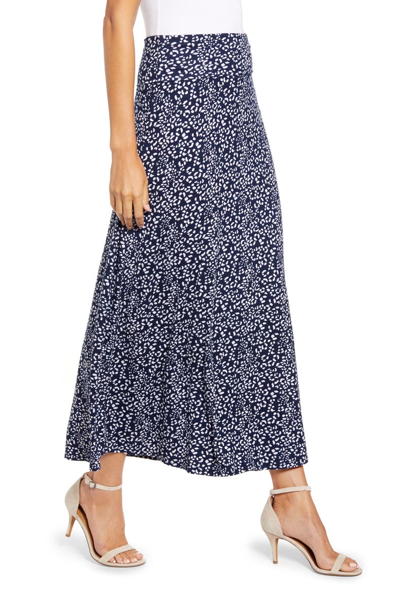 Roll Top Print Maxi Skirt, Alternate, color, NAVY/ IVORY