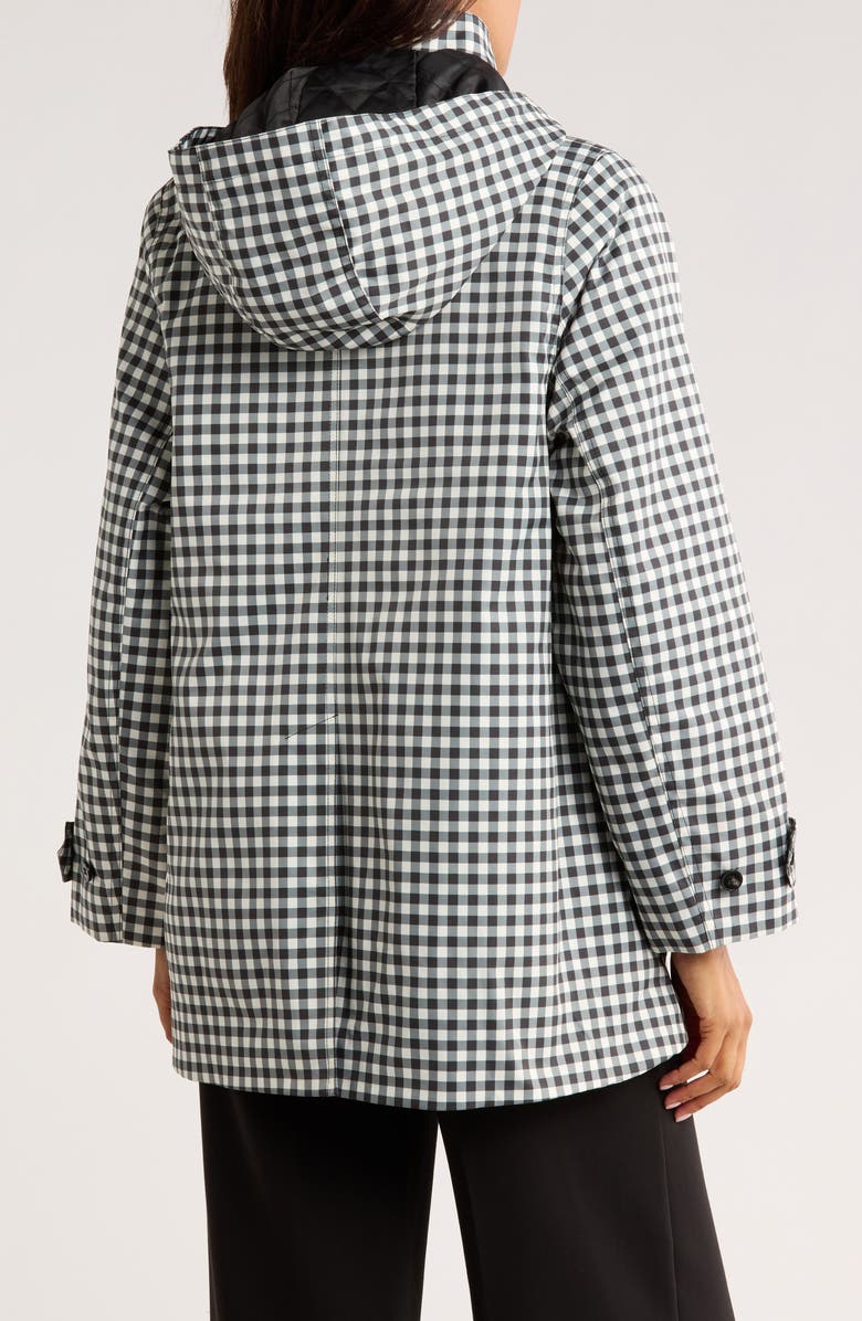 Bernardo Gingham Hooded Raincoat, Alternate, color, Black/White