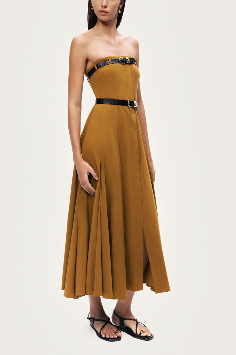 Strapless Double Belted Midi Dress, Alternate, color, Camel