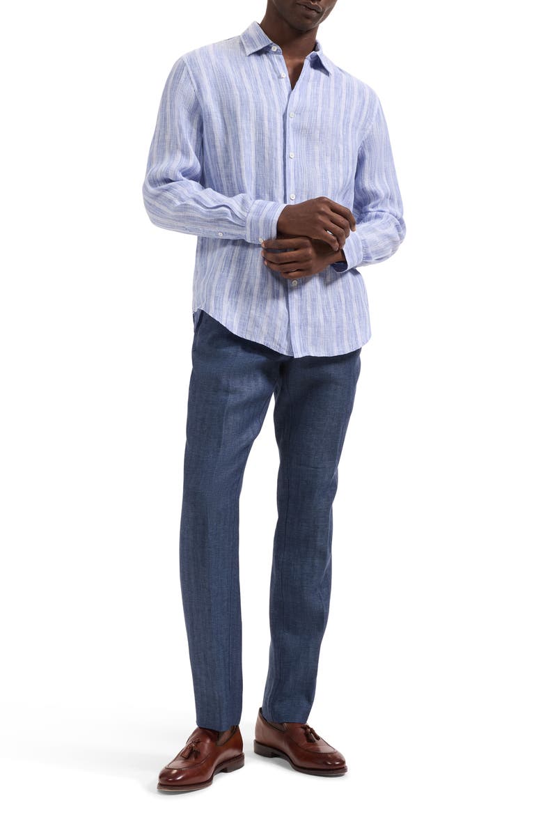 Bugatchi Julian Shaped Fit Stripe Linen Button-Up Shirt, Alternate, color, Classic Blue