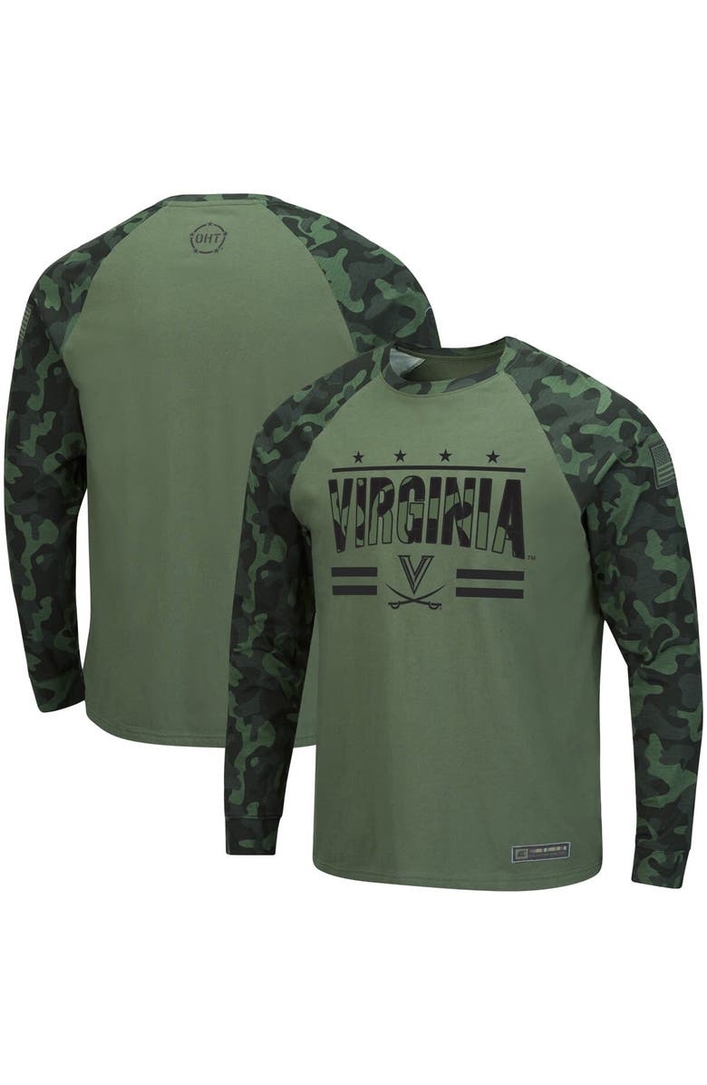 COLOSSEUM Men's Colosseum Olive/Camo Virginia Cavaliers OHT Military Appreciation Slim-Fit Raglan Long Sleeve T-Shirt, Main, color, 