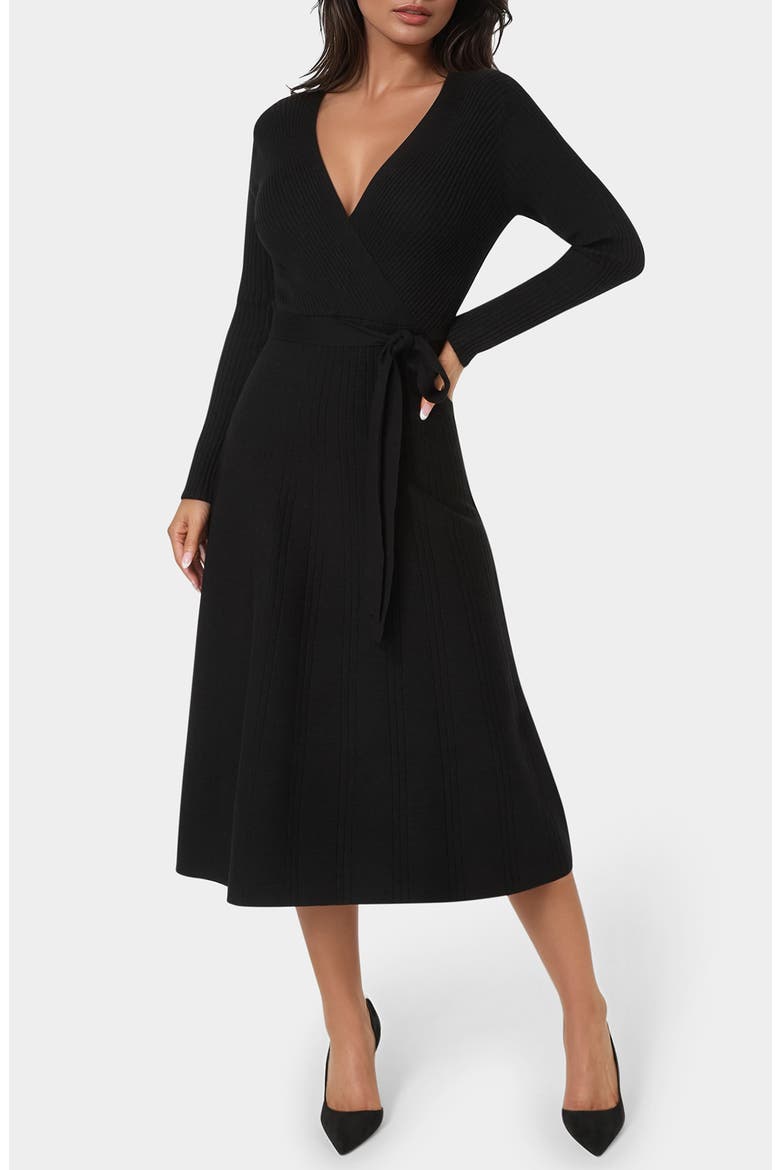 Surplice V-Neck Fit & Flare Sweater Dress, Main, color, BLACK