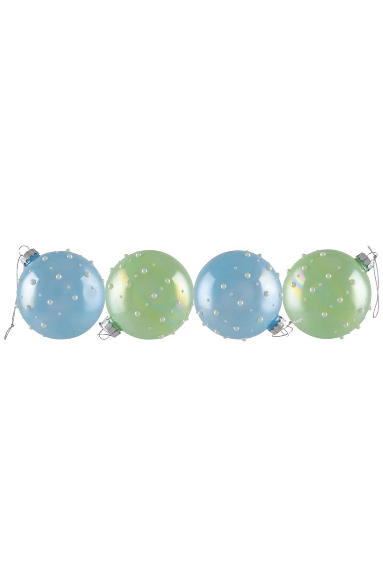 Northlight Shiny Glass Ball Christmas Ornaments with Pearl Drops - 3" (80mm) - Blue and Green - 4ct, Alternate, color, Blue