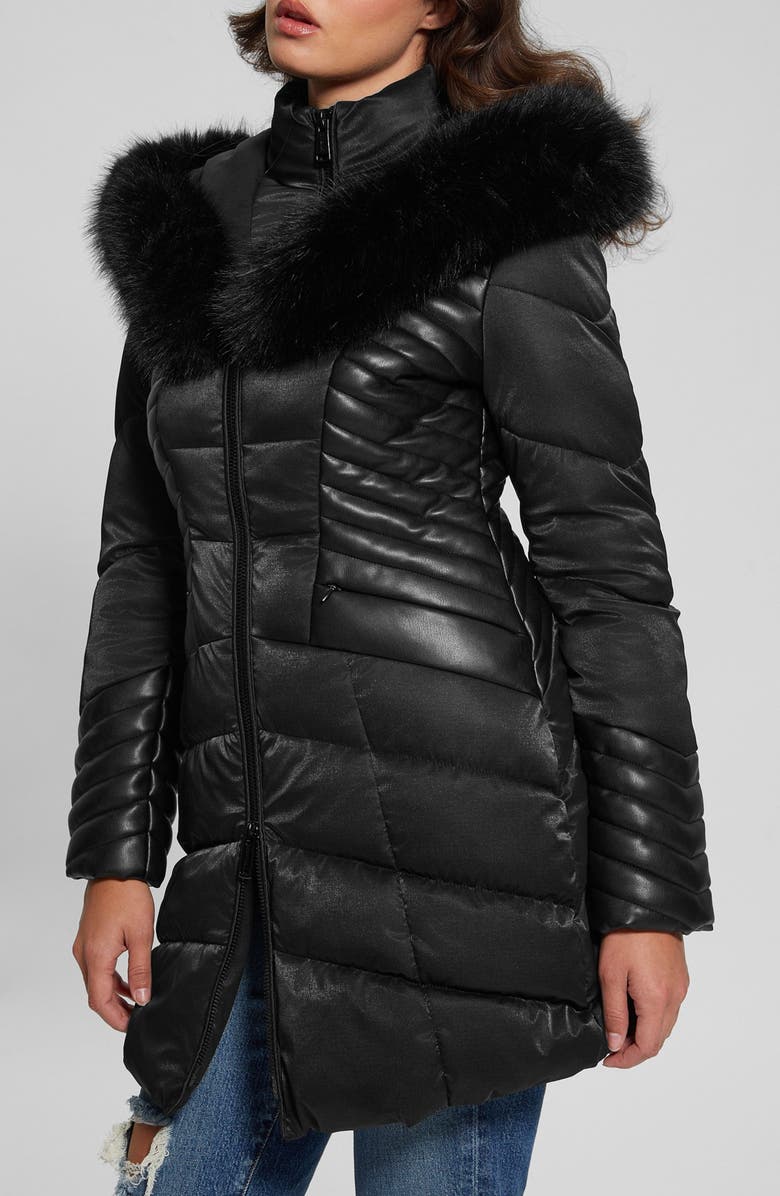 GUESS New Oxana Mixed Media Puffer Coat, Alternate, color, Black-Black