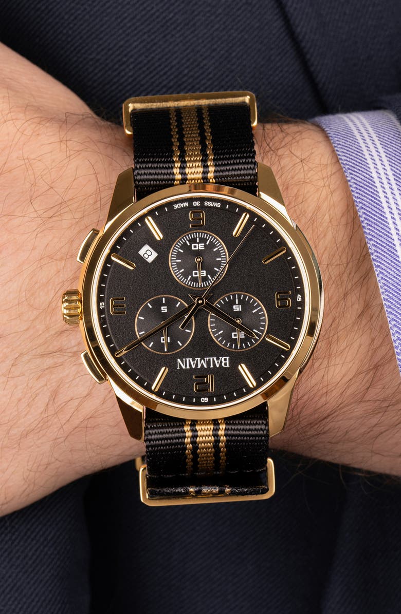 BALMAIN WATCHES Madrigal Chronograph Fabric Strap Watch, 42mm, Alternate, color, Black Nato