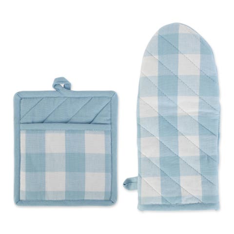 Light Blue Buffalo Check Oven Mitt & Potholder Set