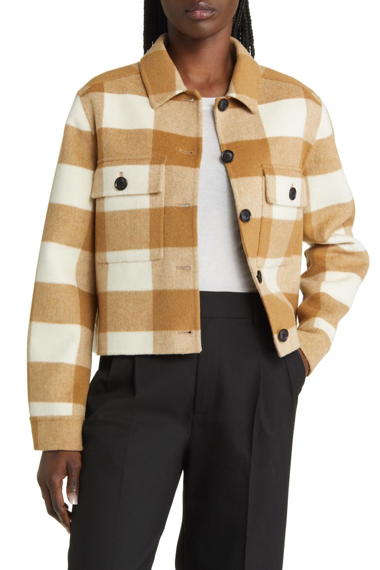 Steffi Buffalo Plaid Wool Blend Trucker Jacket, Main, color, IVORY CAMEL BUFFALO CHECK