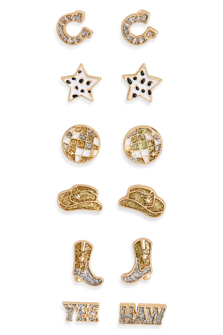 Cowboy 6-Pack Assorted Stud Earrings, Main, color, CLEAR- GOLD