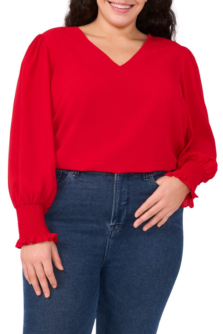 Smock Cuff Crepe Top, Main, color, RED