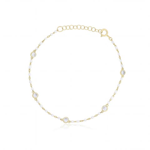 White Enamel Bead CZ Chain Bracelet