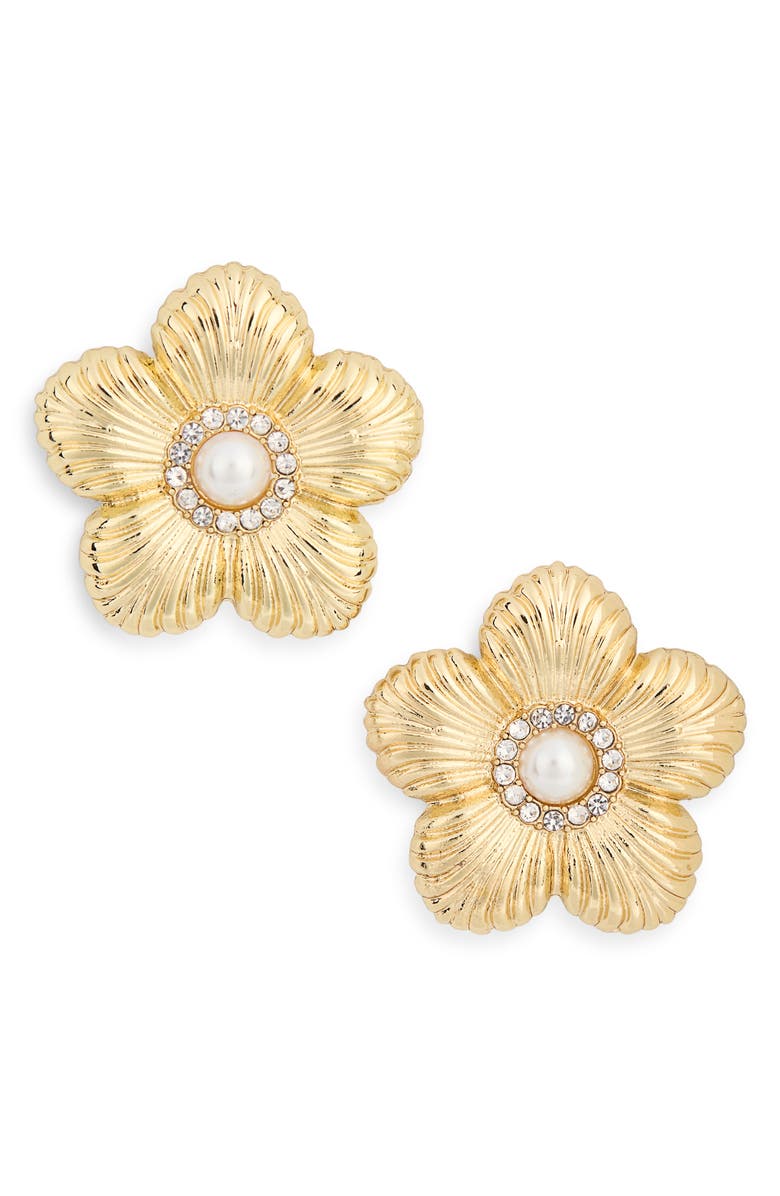 BaubleBar Faux Pearl & Crystal Flower Stud Earrings, Main, color, Pearl