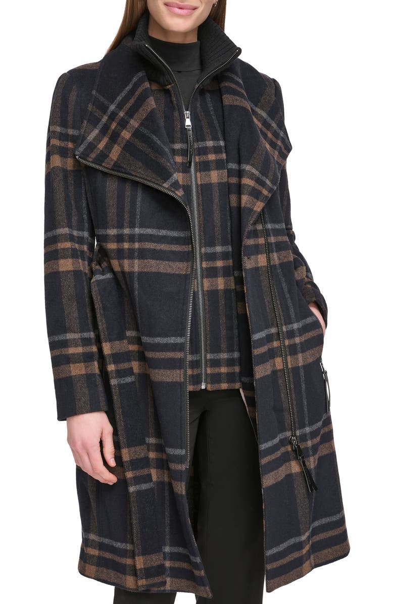 Calvin Klein Angled Zip Twill Coat, Alternate, color, Plaid Combo