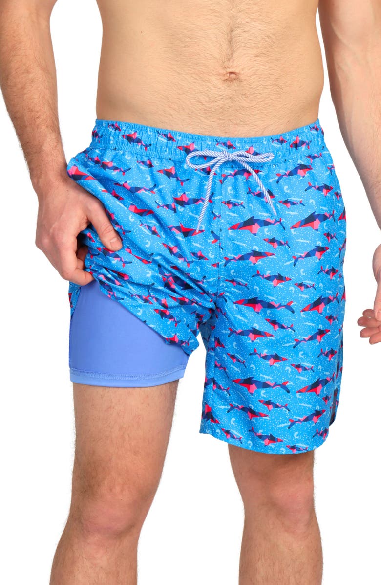 TailorByrd Shark Print Swim Trunks, Alternate, color, Blue