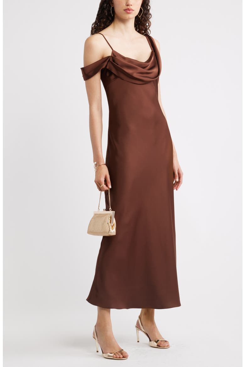 Off the Shoulder Satin Maxi Dress, Alternate, color, BROWN BITTER