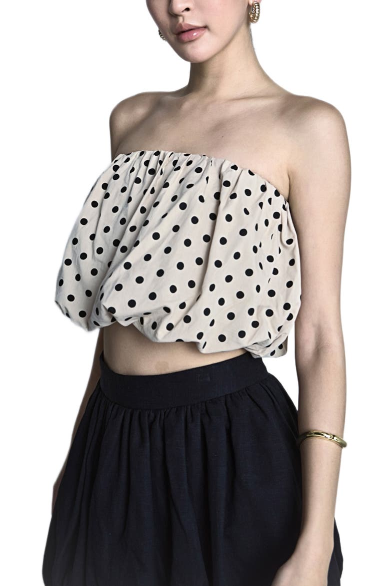Polka Dot Strapless Bubble Top, Alternate, color, TAUPE/ BLACK
