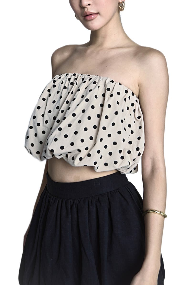 Endless Rose Polka Dot Strapless Bubble Top, Alternate, color, Taupe/ Black