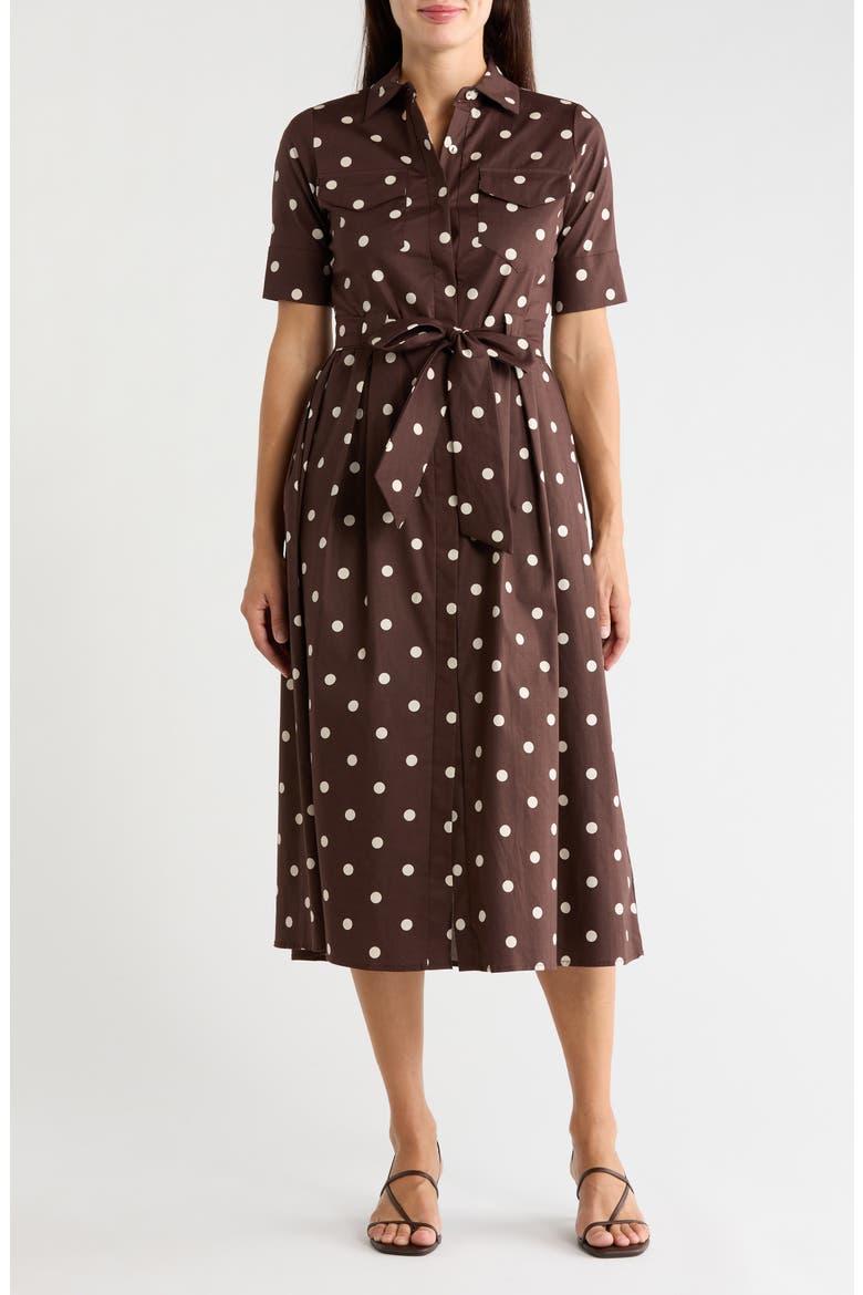 Polka Dot Stretch Cotton Midi Shirtdress, Main, color, COCOA BEAN DOT