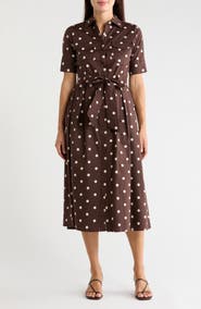 T Tahari Polka Dot Stretch Cotton Midi Shirtdress