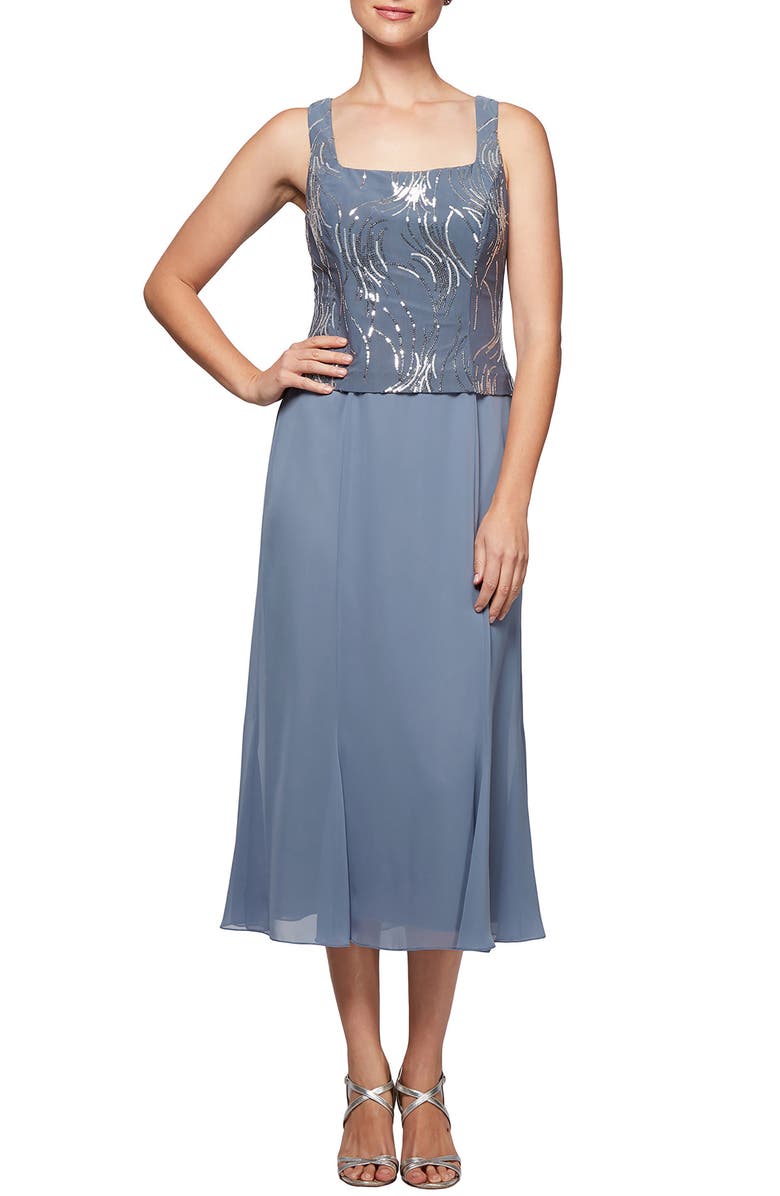 Alex Evenings Midi Dress & Jacket, Alternate, color, Steel Blue