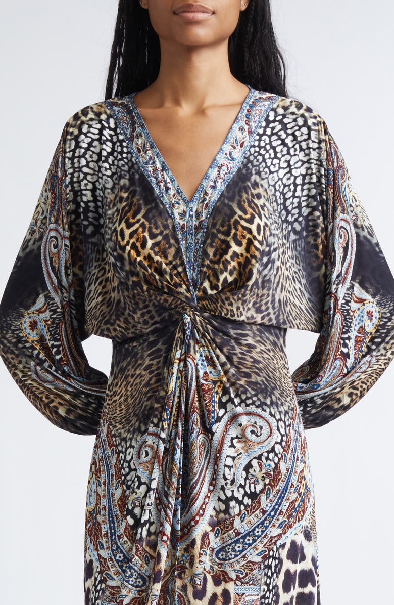 Camilla Istanbul Animalia Twist Front Long Sleeve Jersey Midi Dress, Alternate, color, Istanbul Animalia