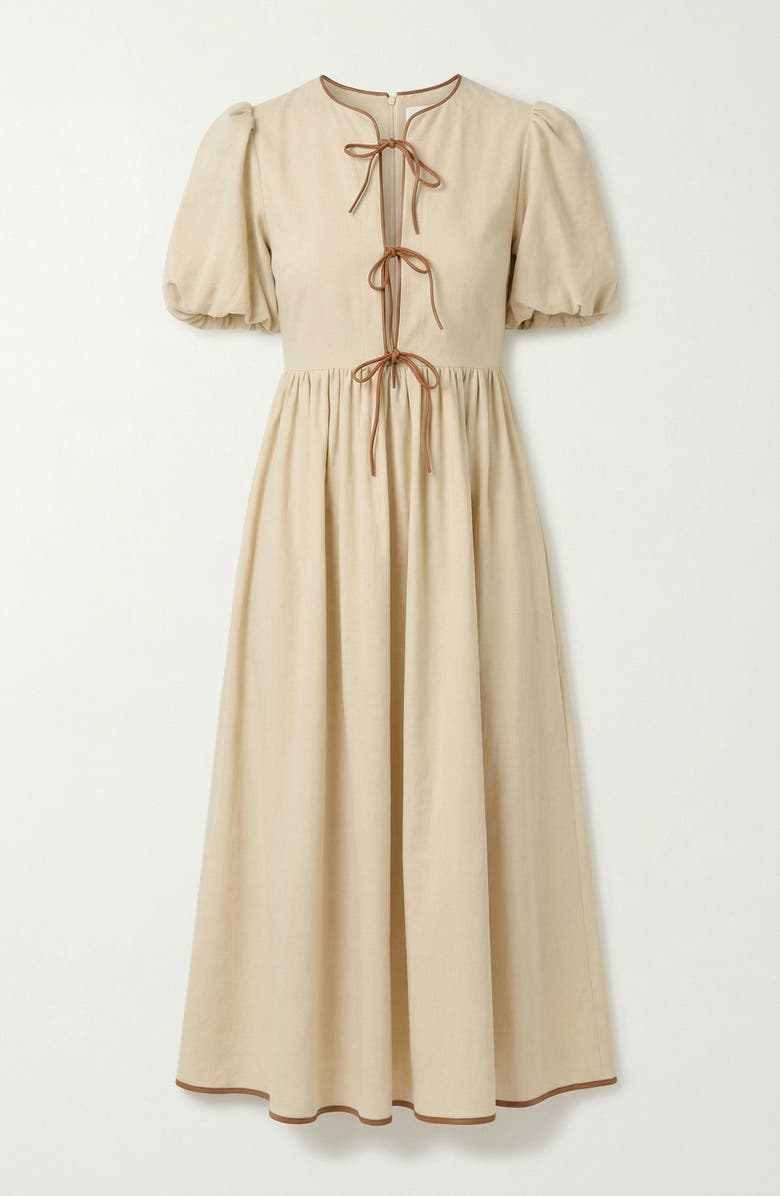 Modenaire Midi Puff Sleeve Dress with Contrast Ties and Hemline Trim, Alternate, color, Off-White / Cream