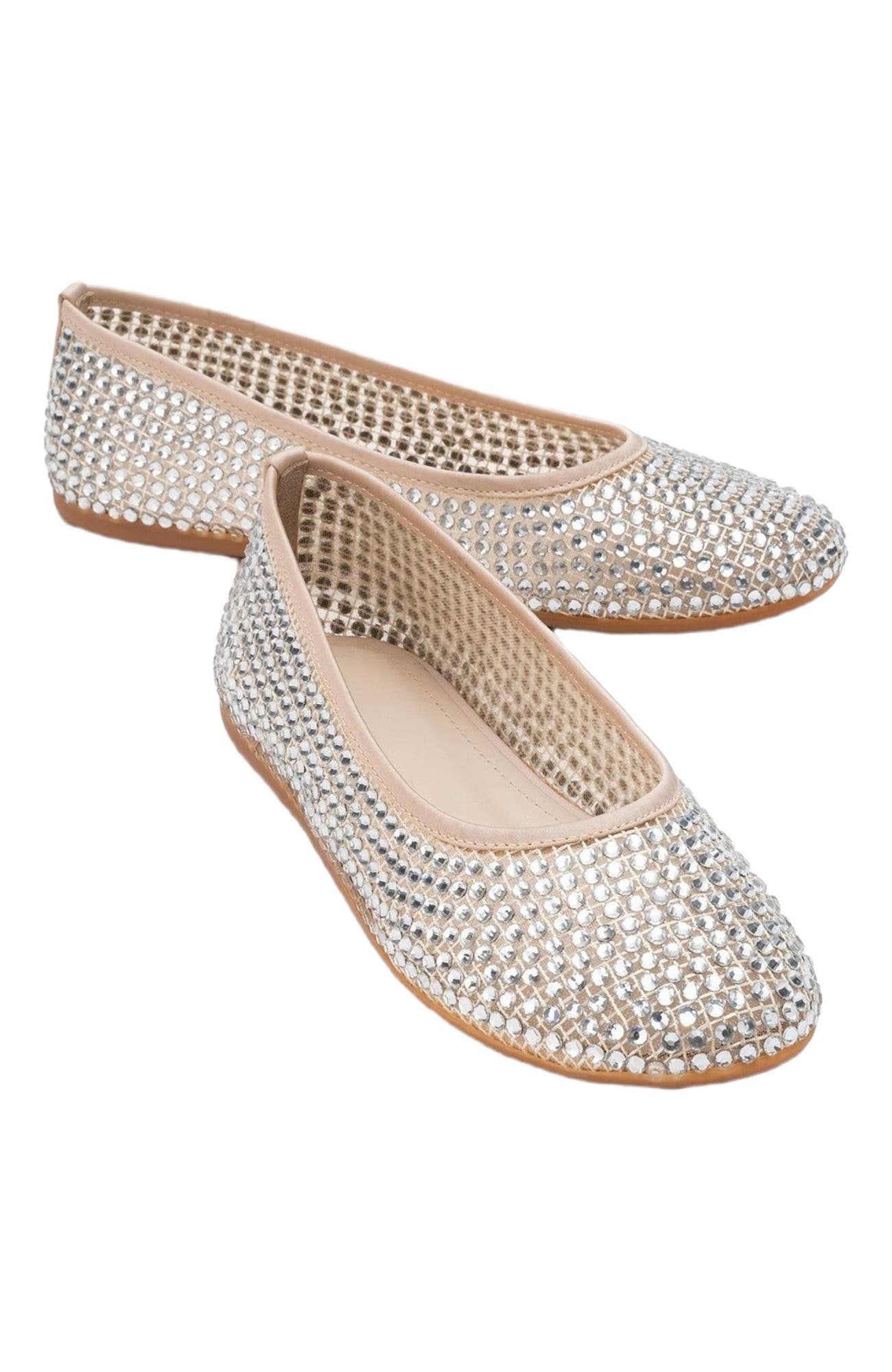 Prologue Shoes Runway Mesh Embellished Ballet Flat, Main, color, Beige Faux Leather