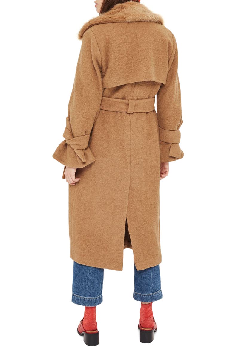 Faux Fur Collar Belted Wool Blend Coat, Alternate, color, CAMEL