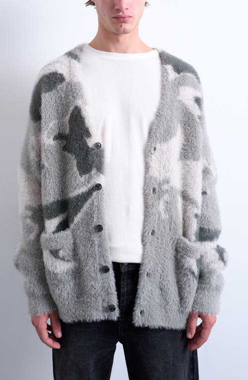 Topman Abstract Print Fuzzy V-neck Oversize Cardigan In Gray