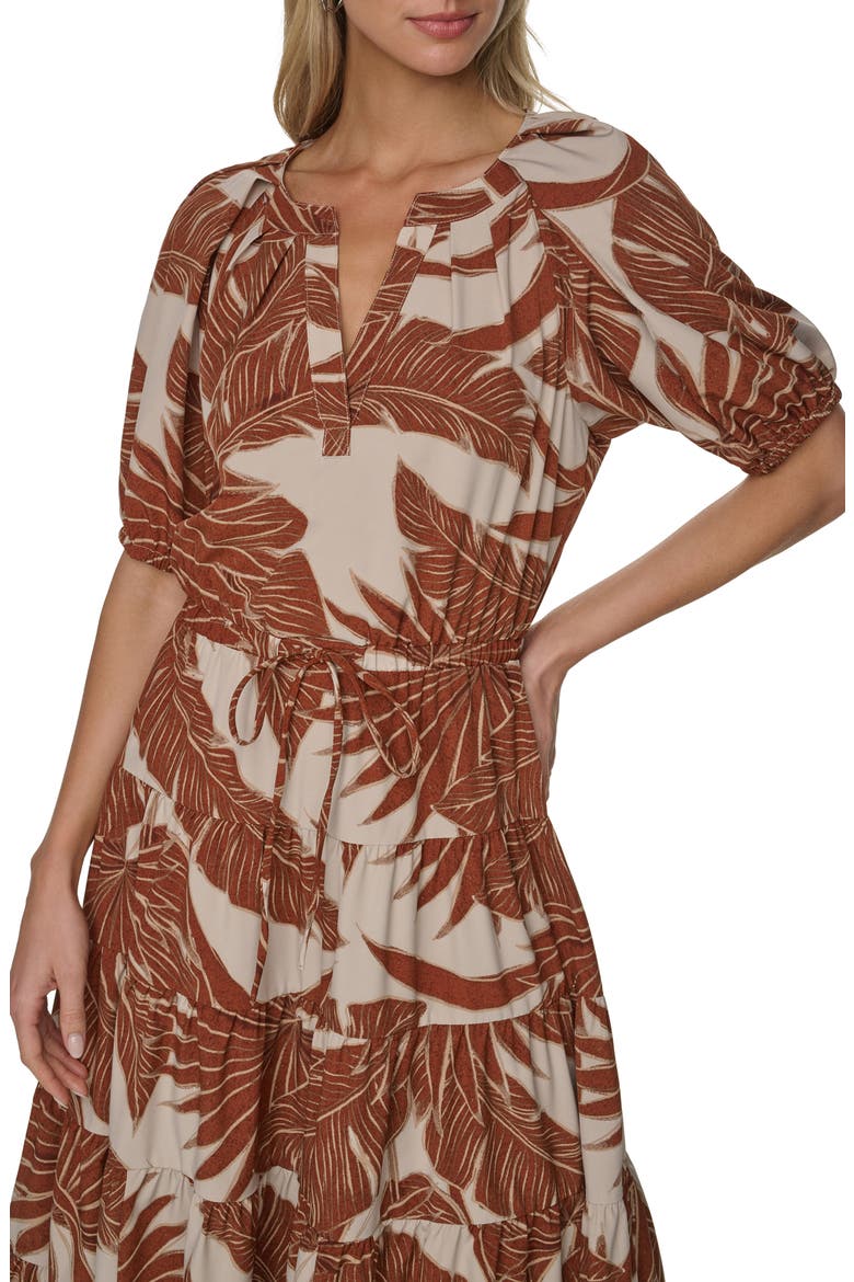 Printed Split Neck Tiered Dress, Alternate, color, LATTE MULT