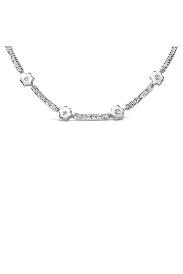 14K White Gold 1.0 Cttw Diamond Flower and Bar Station Necklace, Alternate, color, White
