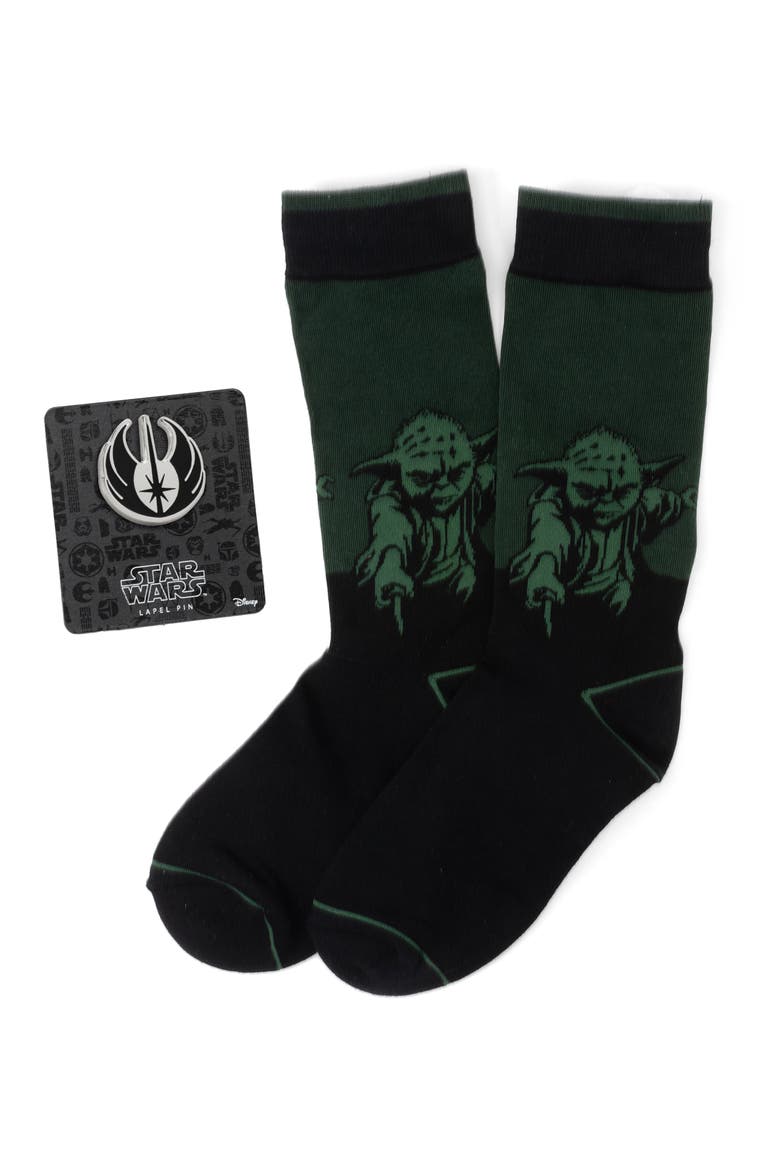 Green Yoda Socks & Jedi Lapel Pin Gift Set, Main, color, BLACK