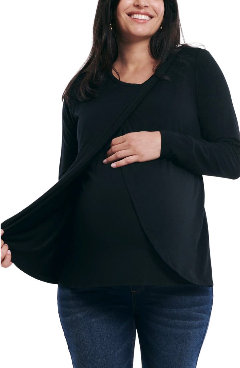 MOTHERHOOD MATERNITY Crewneck Long Sleeve Draped Nursing Tee, Main, color, Black
