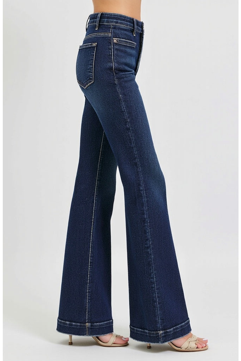 High Waist Flare Jeans with Front Patch Pockets, Alternate, color, Dark Indigo